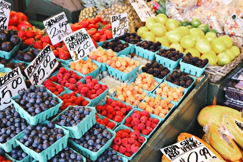 a display case with fruit on top of it