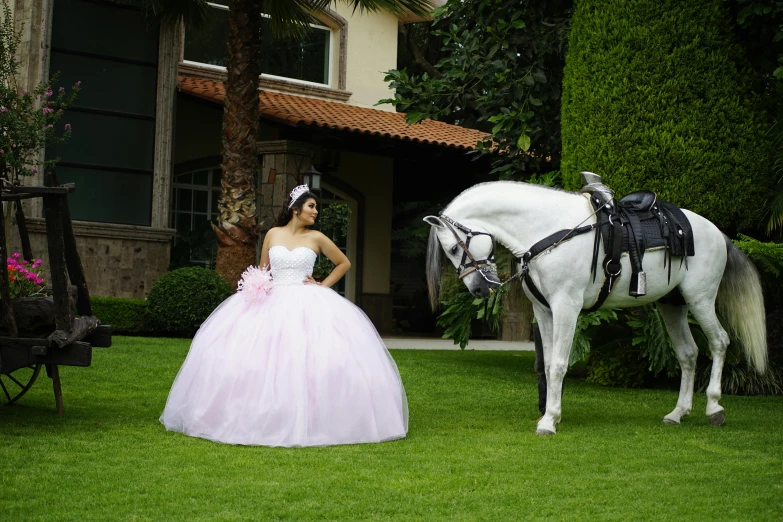 there is a woman in pink dress standing next to the horse