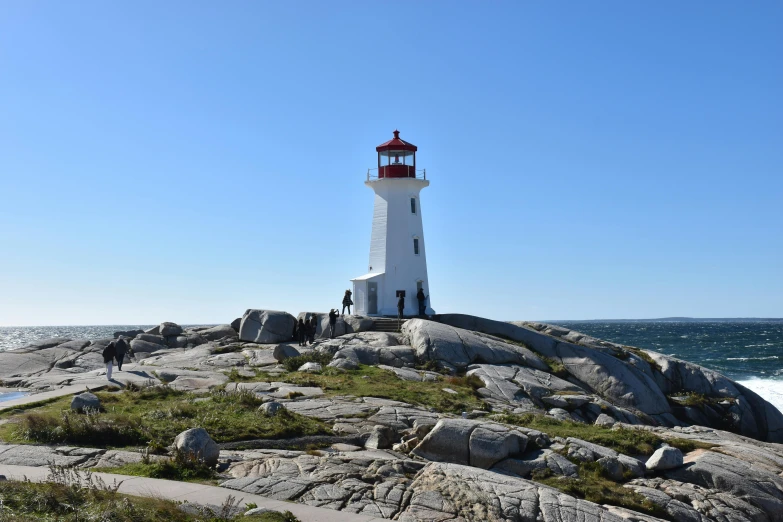 the lighthouse is perched on top of rocks