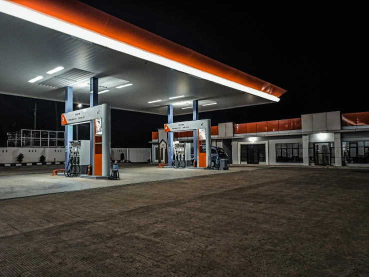 a gas station with many fuel pumps