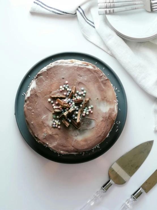 a plate with a large cake on it