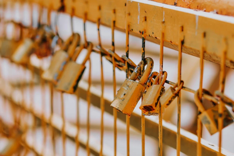 a group of pieces of wood and small padlocks on a piece of string