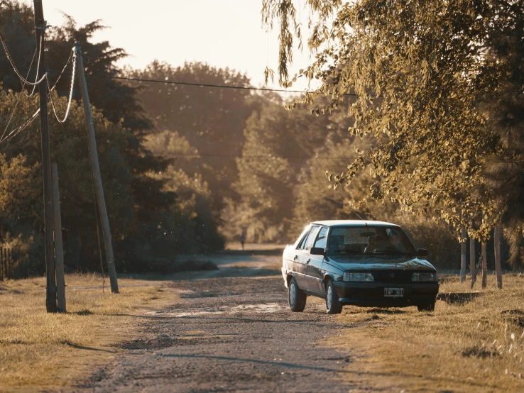 a white car is driving down a road through the woods