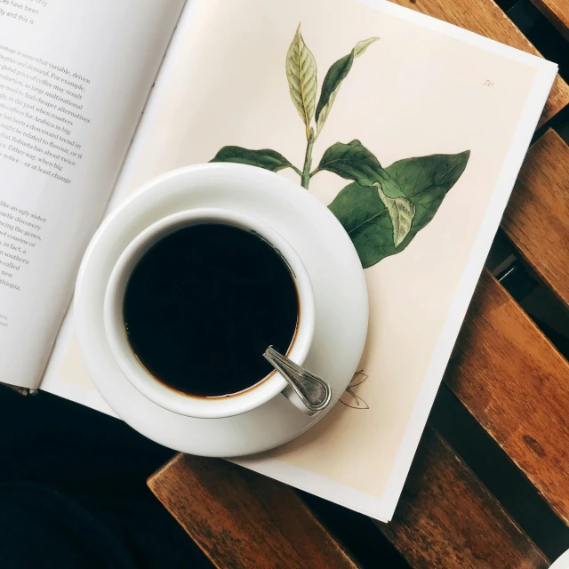 a cup of coffee next to an open book