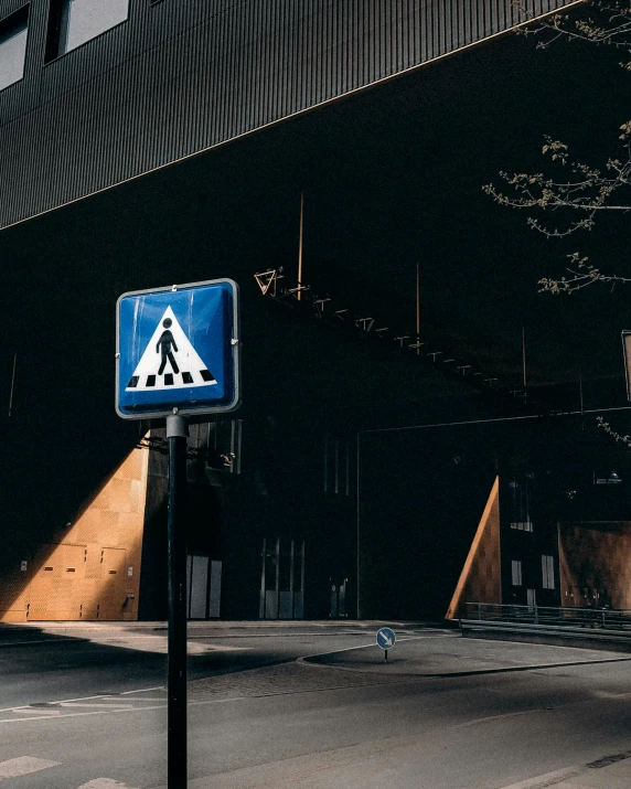 a blue and white crossing sign sitting on the side of a road