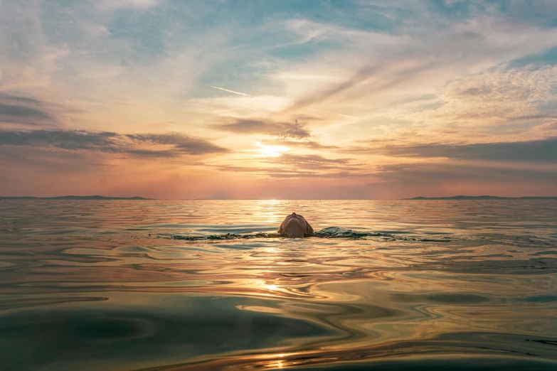 someone in the middle of the water with the sun in the distance