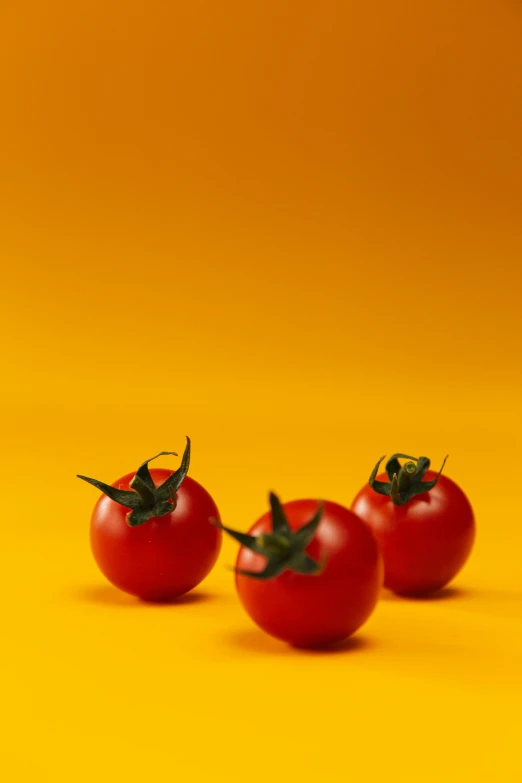 three large, ripe tomatoes sitting in a row on a yellow background