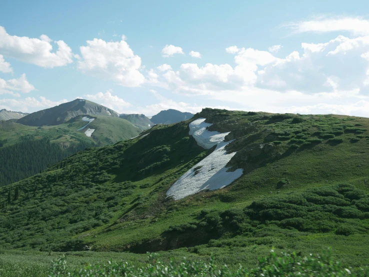 green mountains and grassy valleys under a partly cloudy sky