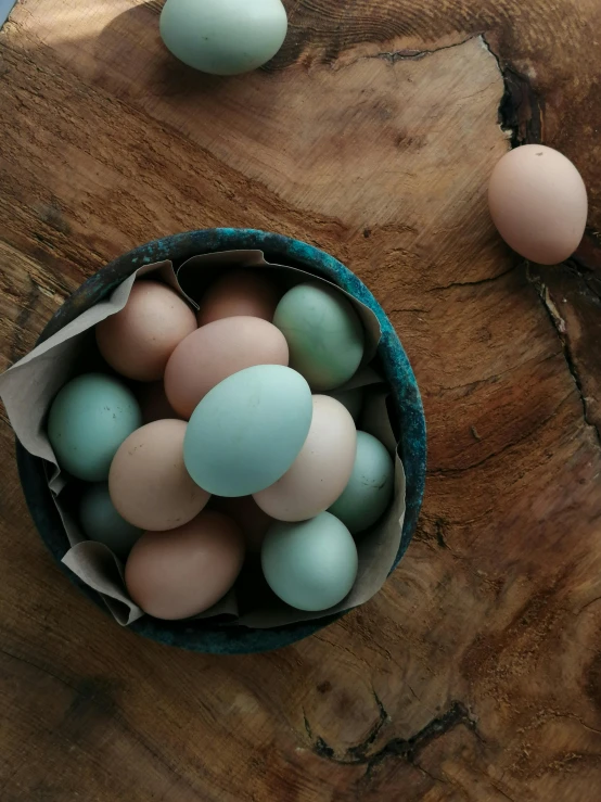 a small bag of eggs sits on a wooden table