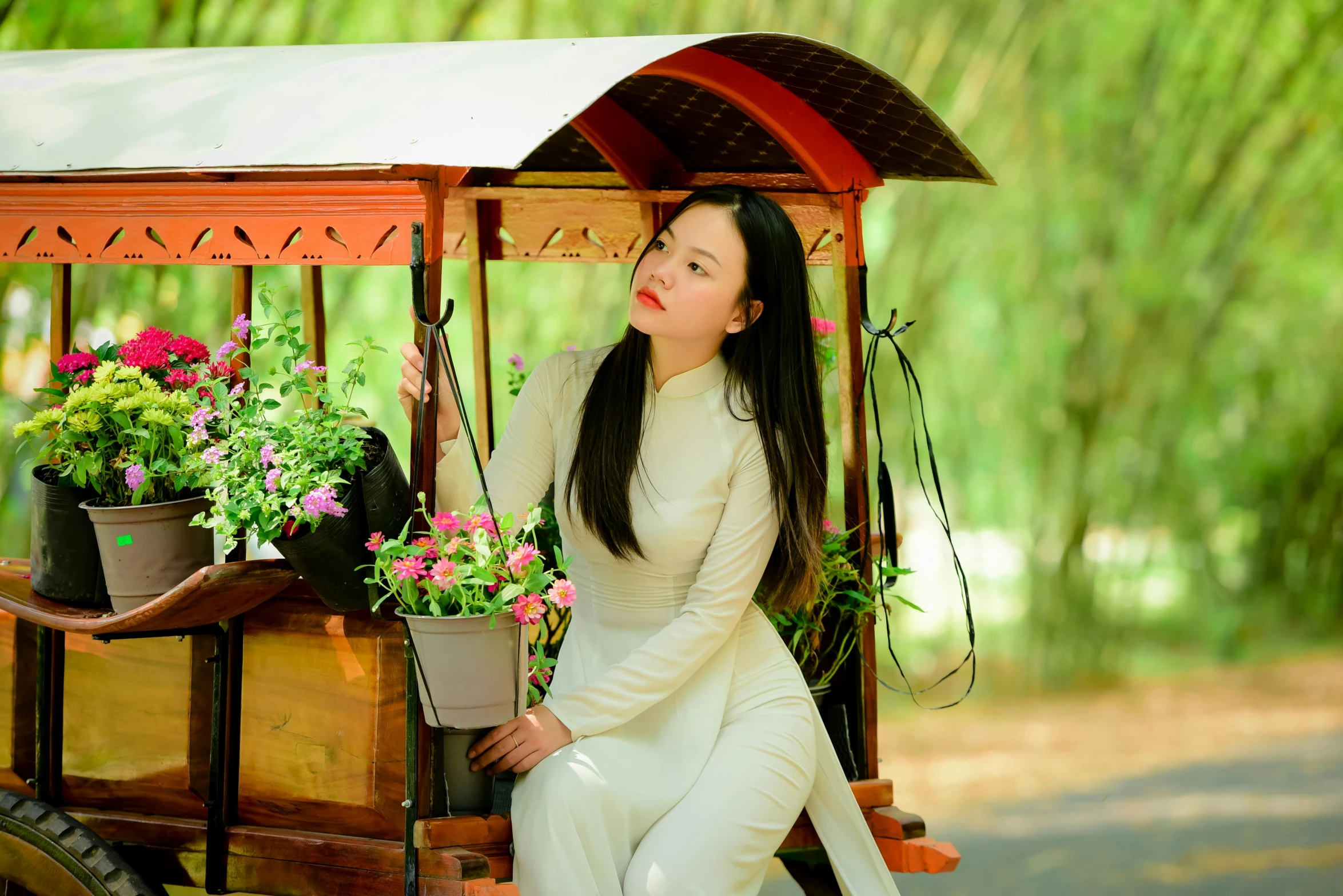 a lady that is sitting down on a rickshaw