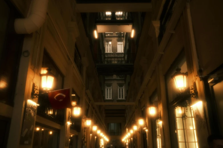 an image of a building at night looking down an alley way