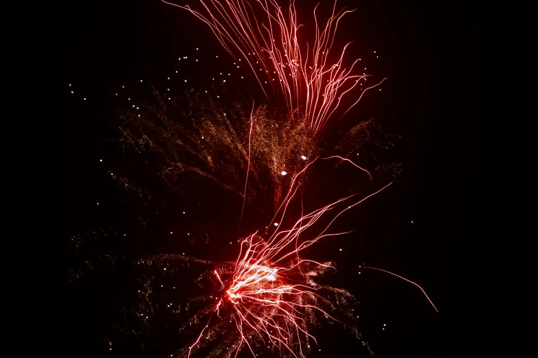 bright red fireworks bursting in the dark night sky