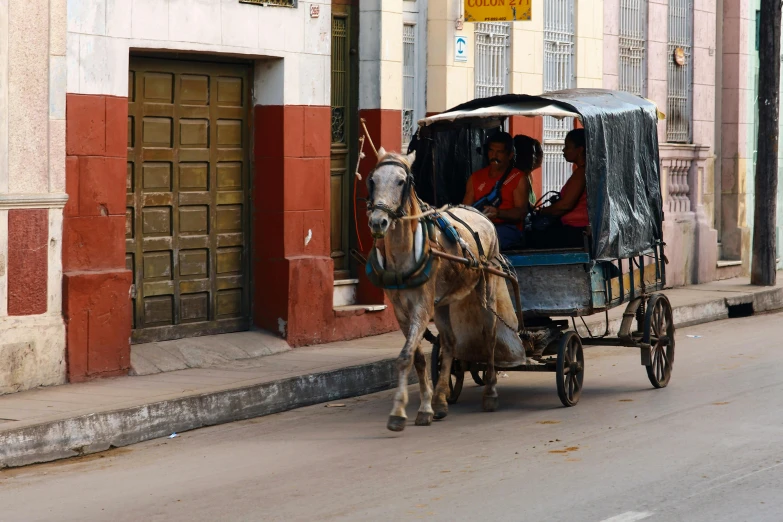 horse drawn carriage carrying two people on street