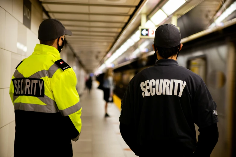 security officer standing next to another person on the subway