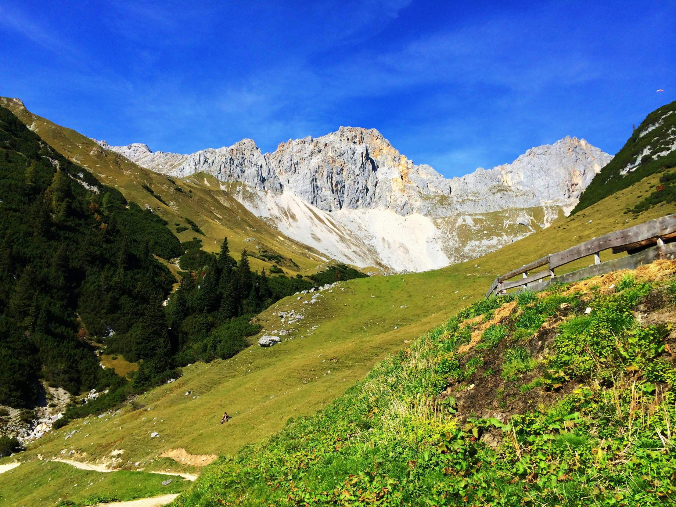 mountains with grass in the foreground and a blue sky