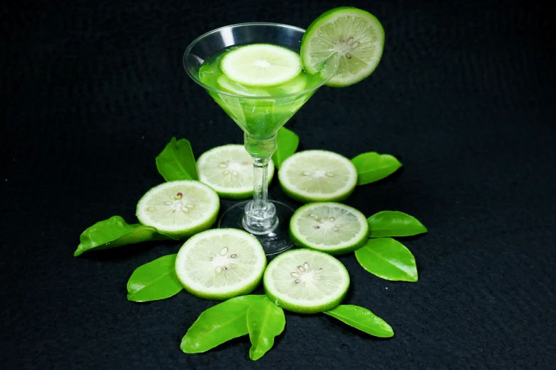 a glass with lime slices and mint leaves surrounding it