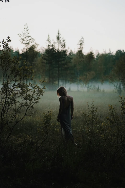 a man walks through the field in the fog