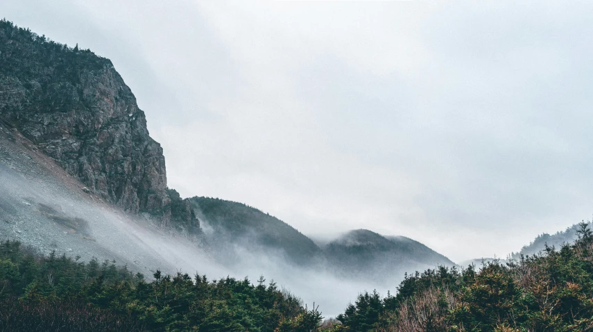 mist blowing over a forested mountain valley in the mountains