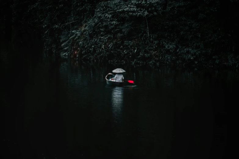 people in small boat on dark water with umbrella