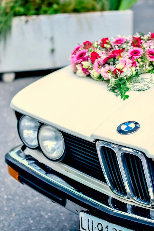 a bmw car with flowers in the hood