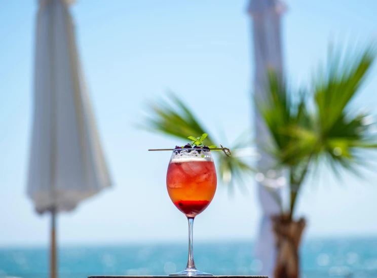 a glass filled with a drink sits by some palm trees