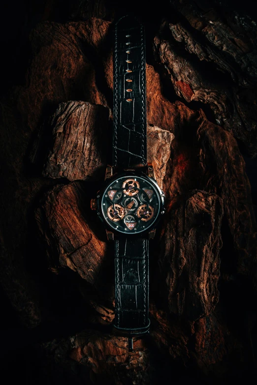 an intricate watch sits atop a rock in the dark