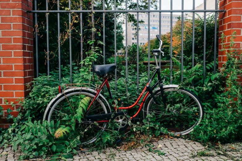 an old bike has broken in half near a fence