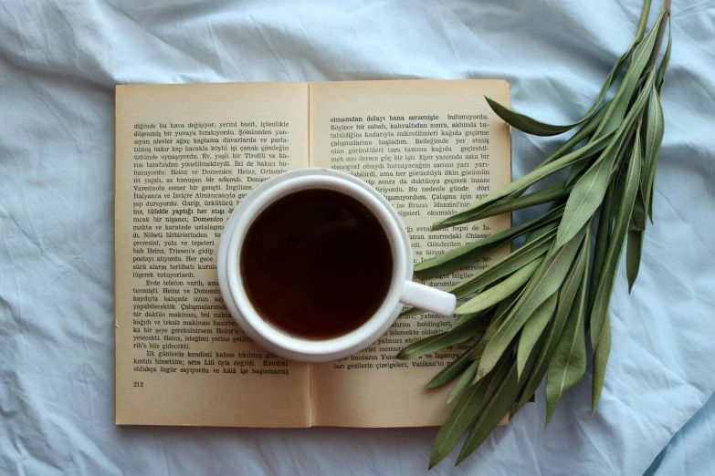 a cup of coffee with a book open on a bed