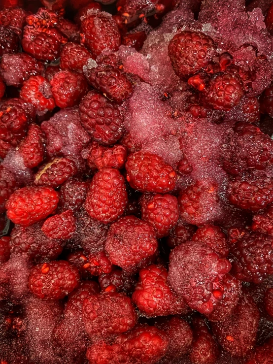 close up of frozen raspberries in a pan