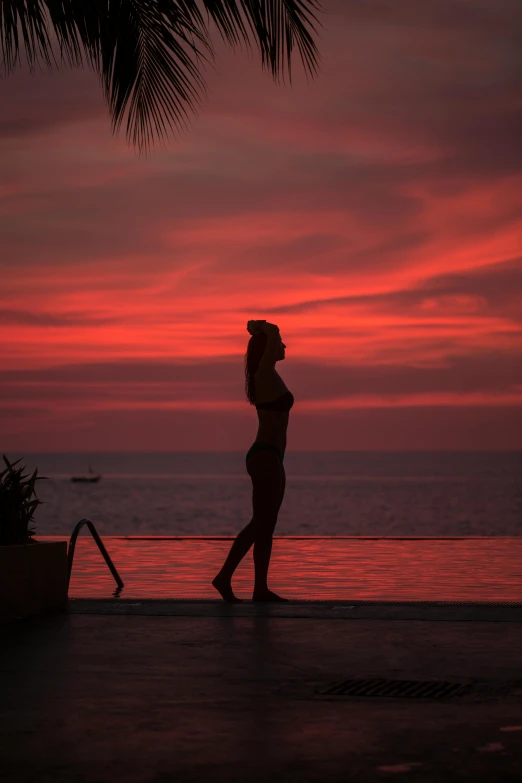 a woman standing in front of a large body of water at sunset