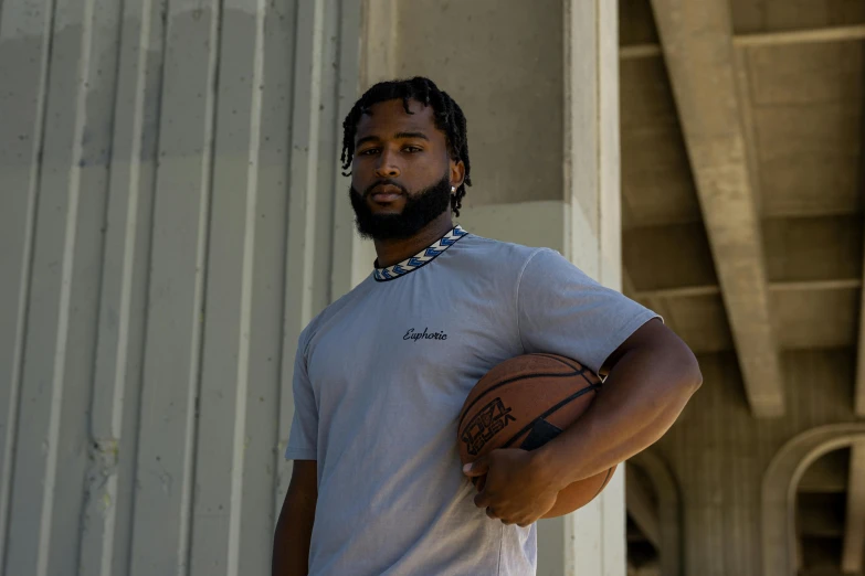 the man is holding a basketball and posing