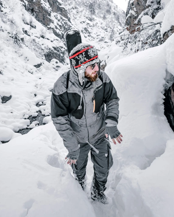 a man in snow suit standing on some snow