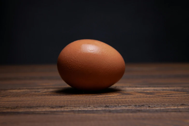 a brown egg laying on top of a wooden table