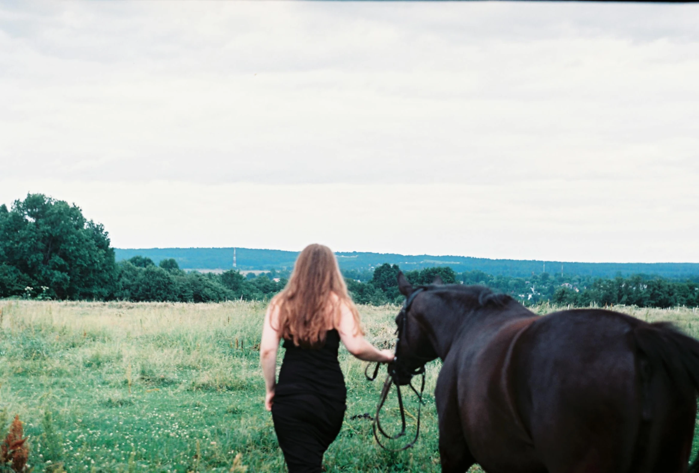 a woman in a black dress walks with two horses