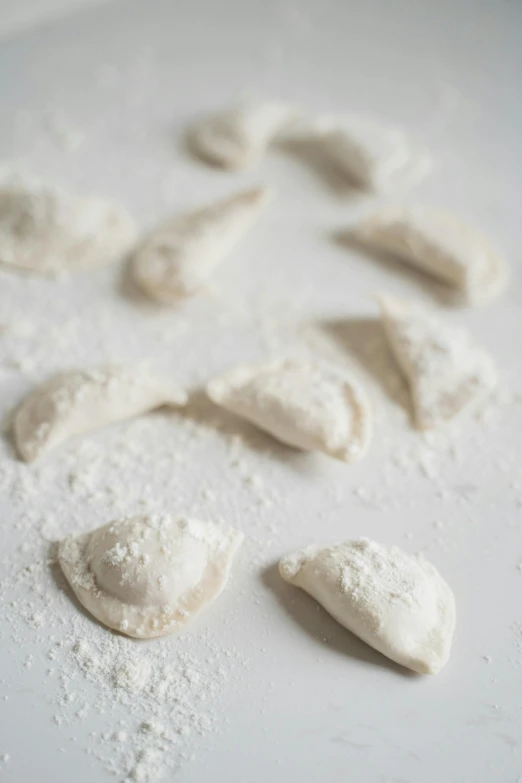 several pieces of powdered bread are sitting on a table