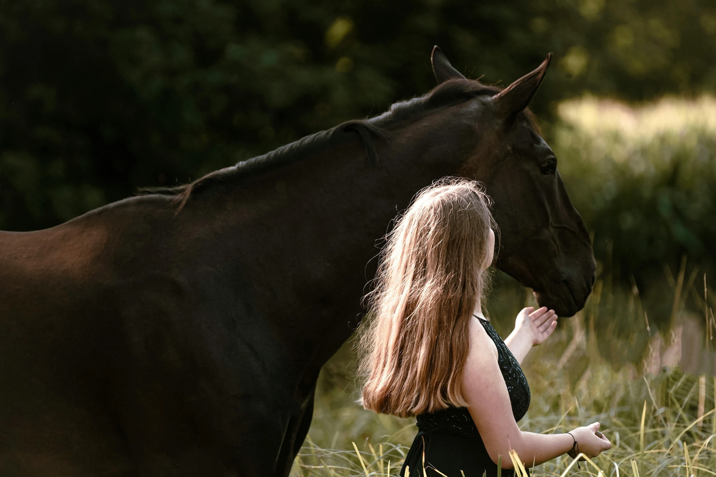 a woman with long hair stands next to a black horse