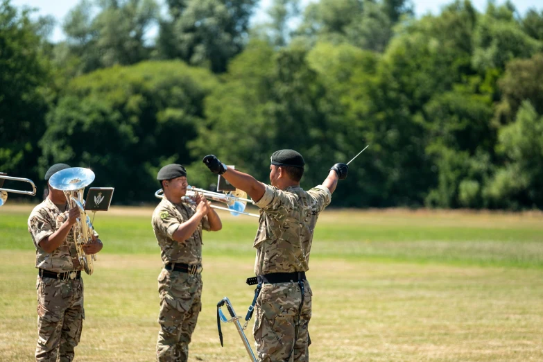 military band performing with trombone and music instruments