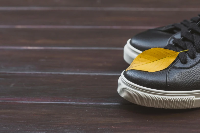 a black sneaker with a yellow leaf on the toe