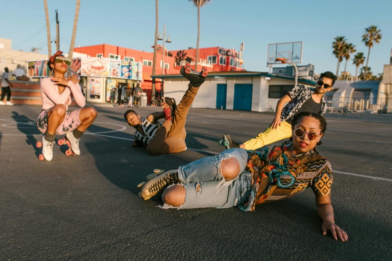 a group of people riding skateboards in the street