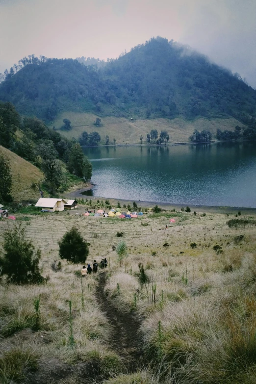 a grassy field with a small lake and mountain in the background