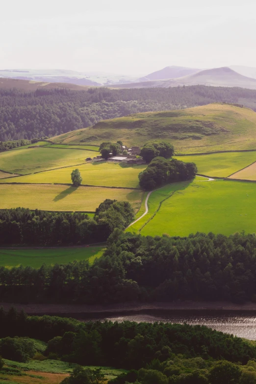 some very pretty green hills and trees by the water