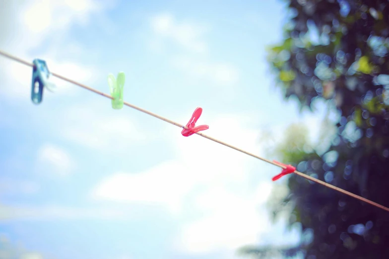 clothes pins hang in the sky near trees