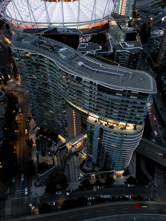 a high view of the stadium complex and surrounding buildings