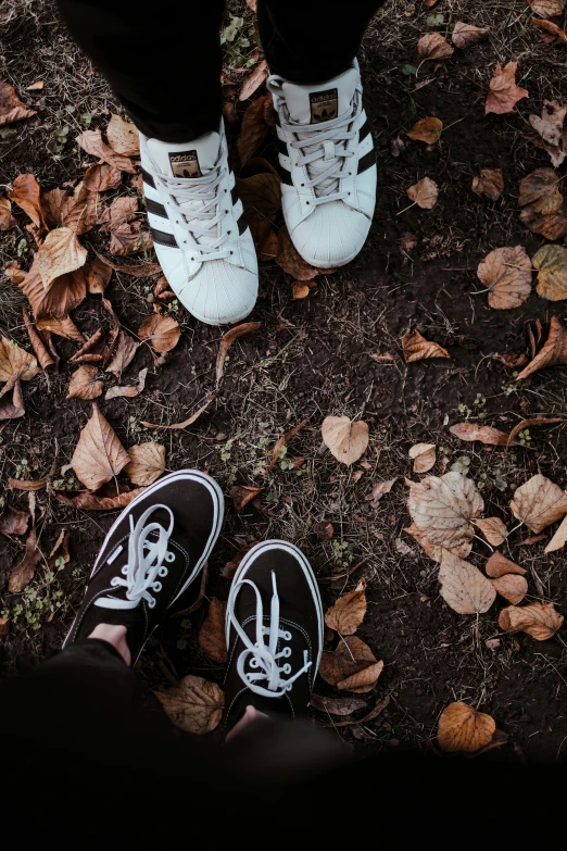 someone wearing white shoes standing on leaf covered ground