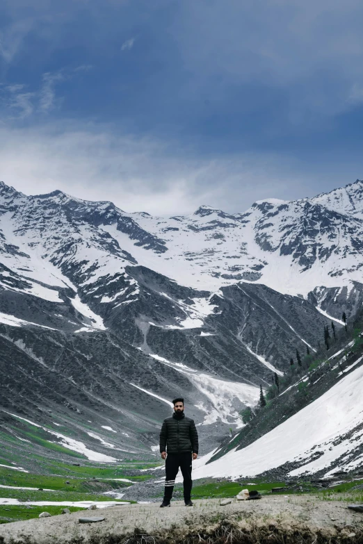 a man standing on top of a snow covered hillside