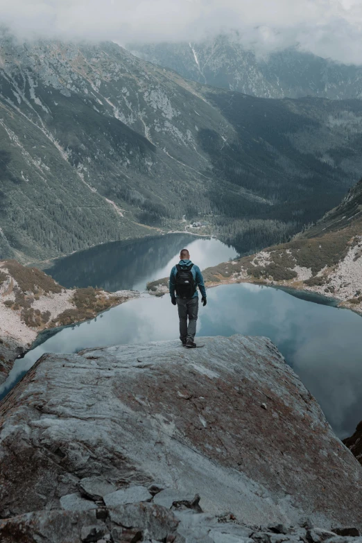 man in cold weather gear standing on the edge of a cliff overlooking a lake