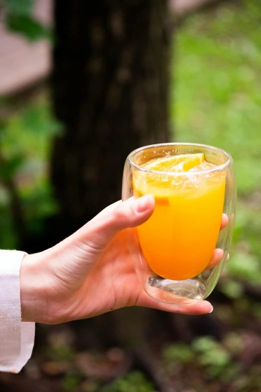 a person holding a glass of orange juice