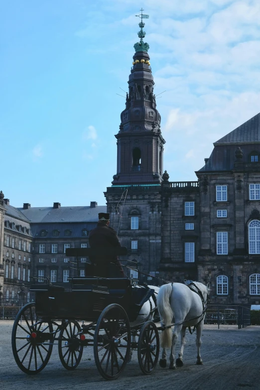 a person riding in a horse drawn carriage near tall buildings