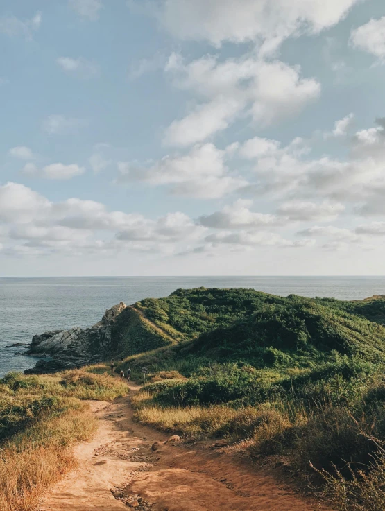 a dirt road next to the ocean under some clouds