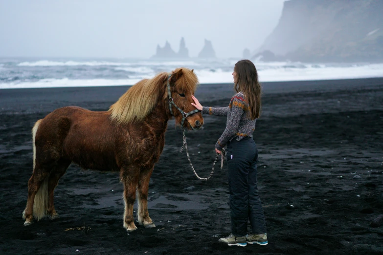 a girl standing near a pony that is being  to a chain